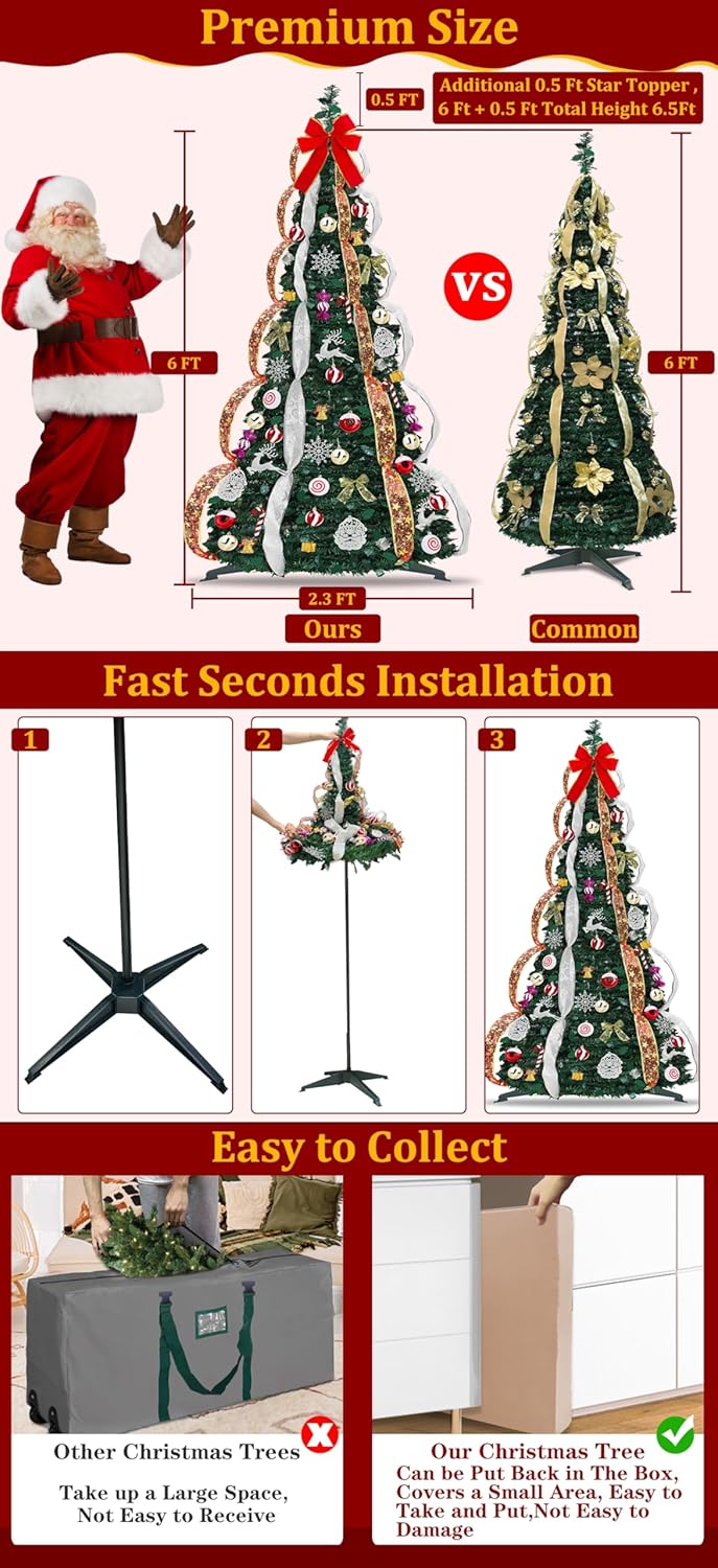 6 FT Prelit Pop Up Christmas Tree with 200 Warm White & Multicolor Lights 8 Modes & Timer Fully Decorated 103 Ornaments, Collapsible Pull Up Christmas Tree with Lights for Indoor Home Party Decor