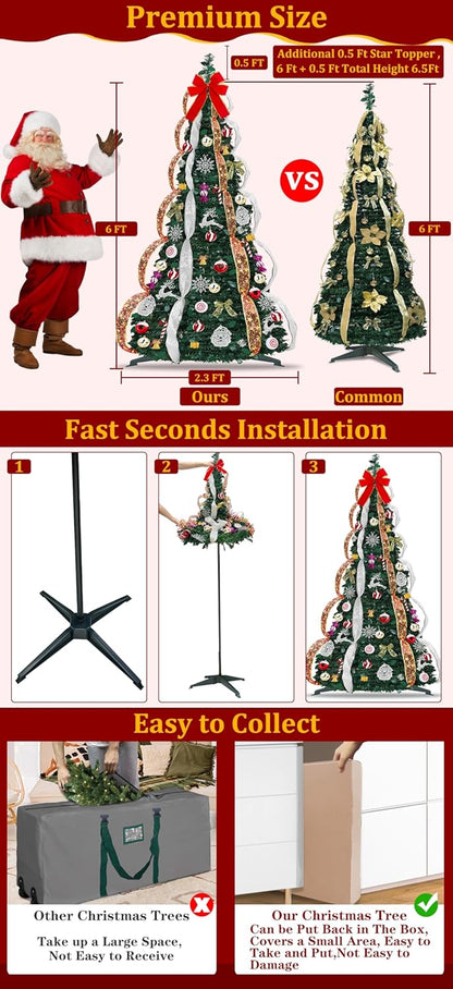 6 FT Prelit Pop Up Christmas Tree with 200 Warm White & Multicolor Lights 8 Modes & Timer Fully Decorated 103 Ornaments, Collapsible Pull Up Christmas Tree with Lights for Indoor Home Party Decor