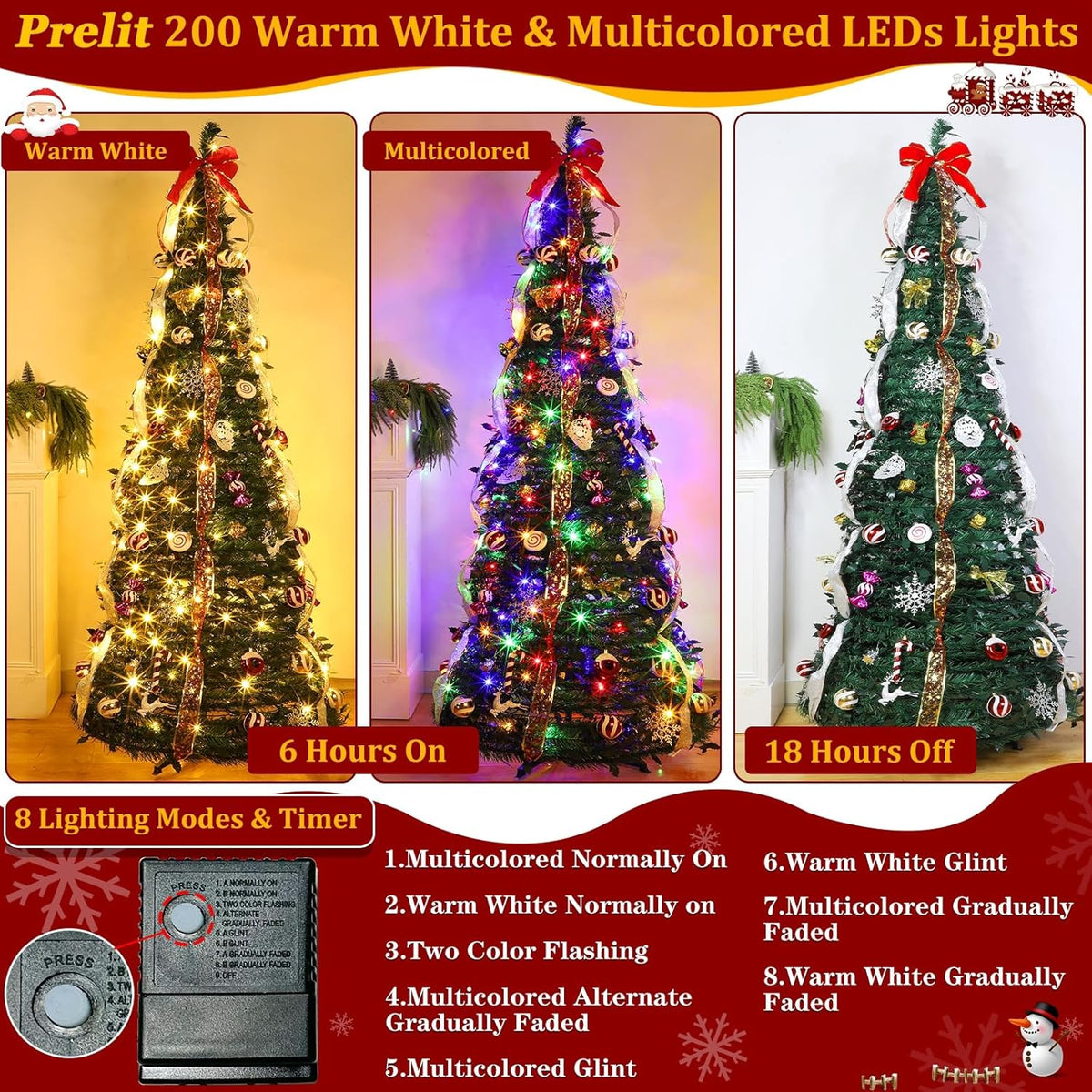 6 FT Prelit Pop Up Christmas Tree with 200 Warm White & Multicolor Lights 8 Modes & Timer Fully Decorated 103 Ornaments, Collapsible Pull Up Christmas Tree with Lights for Indoor Home Party Decor
