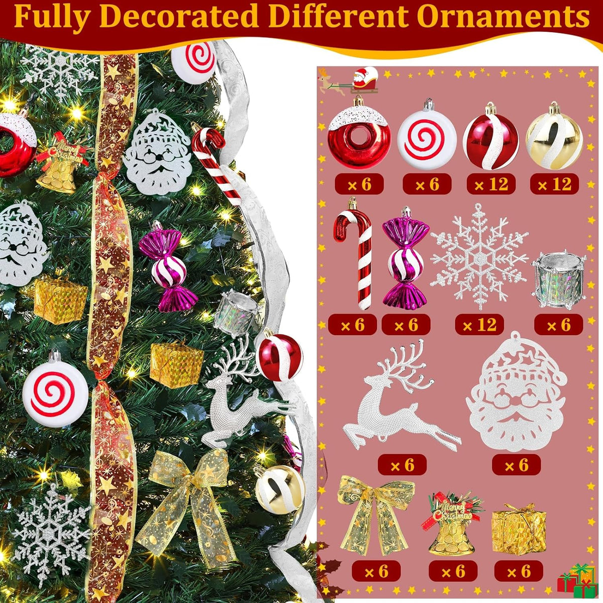 6 FT Prelit Pop Up Christmas Tree with 200 Warm White & Multicolor Lights 8 Modes & Timer Fully Decorated 103 Ornaments, Collapsible Pull Up Christmas Tree with Lights for Indoor Home Party Decor
