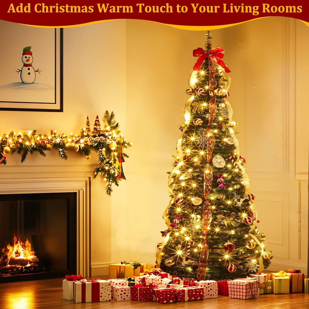 6 FT Prelit Pop Up Christmas Tree with 200 Warm White & Multicolor Lights 8 Modes & Timer Fully Decorated 103 Ornaments, Collapsible Pull Up Christmas Tree with Lights for Indoor Home Party Decor