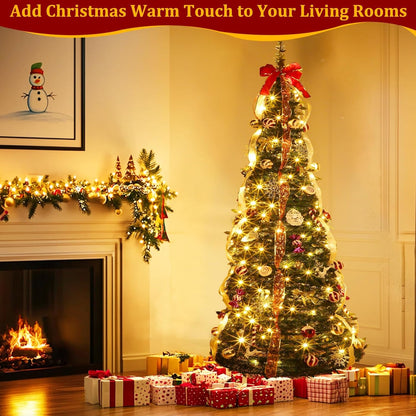 6 FT Prelit Pop Up Christmas Tree with 200 Warm White & Multicolor Lights 8 Modes & Timer Fully Decorated 103 Ornaments, Collapsible Pull Up Christmas Tree with Lights for Indoor Home Party Decor