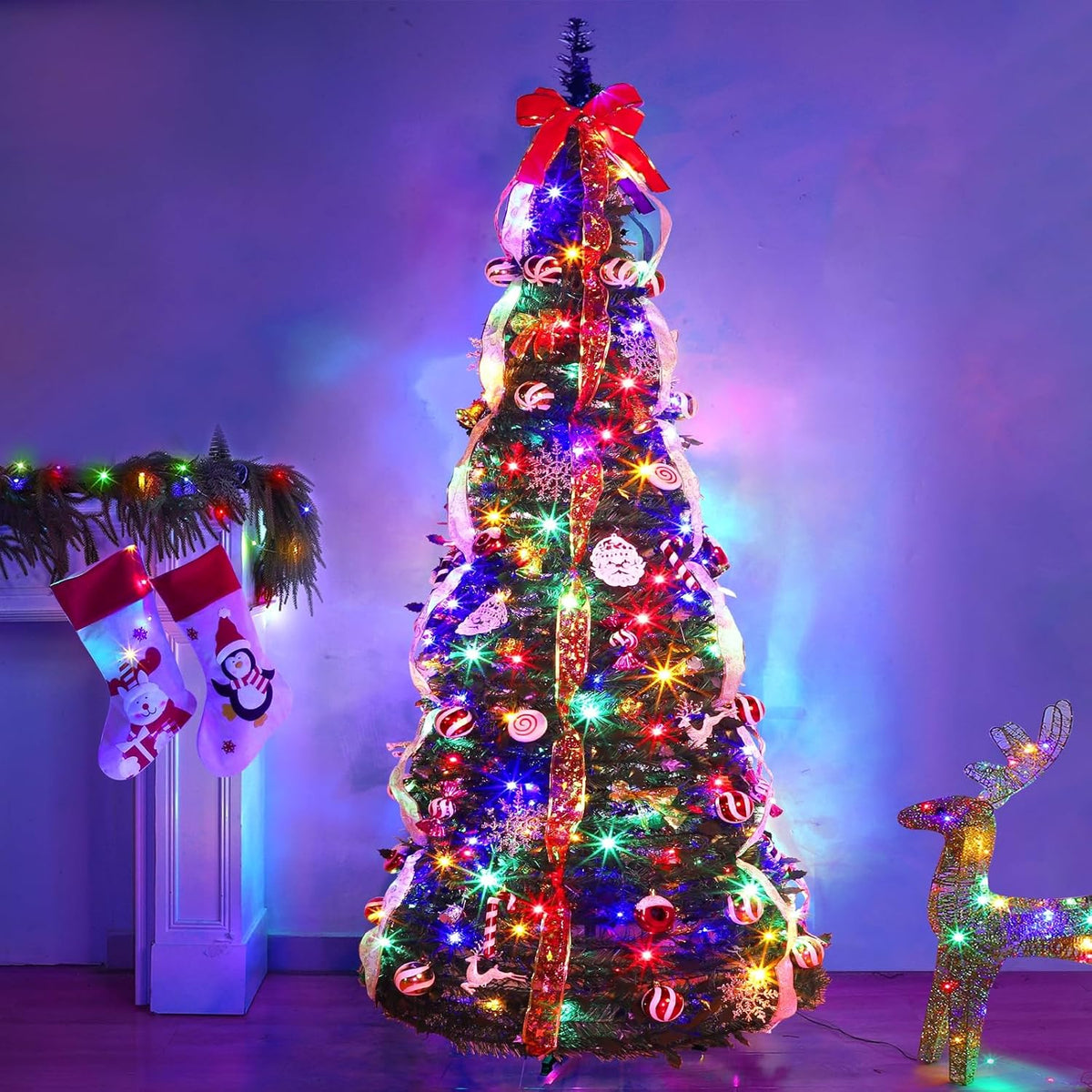 6 FT Prelit Pop Up Christmas Tree with 200 Warm White & Multicolor Lights 8 Modes & Timer Fully Decorated 103 Ornaments, Collapsible Pull Up Christmas Tree with Lights for Indoor Home Party Decor