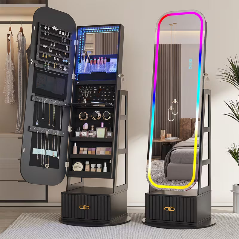Armadio Gioielli 360° Vintage con Specchio e Luci LED