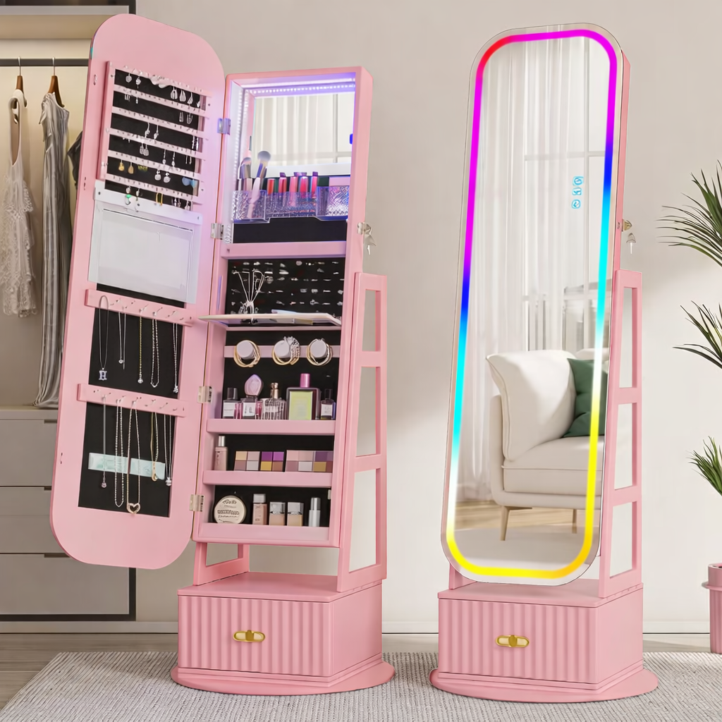Armadio Gioielli 360° Vintage con Specchio e Luci LED
