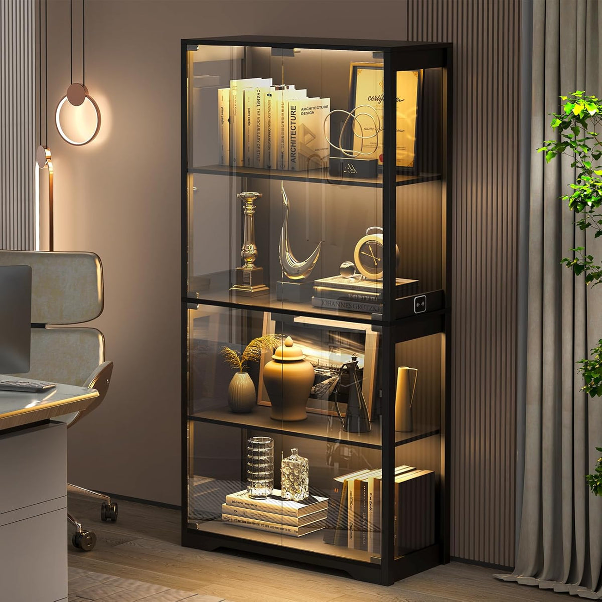 Vetrina con Ante in Vetro – Credenza a 4 Ripiani con Luci LED a 3 Colori