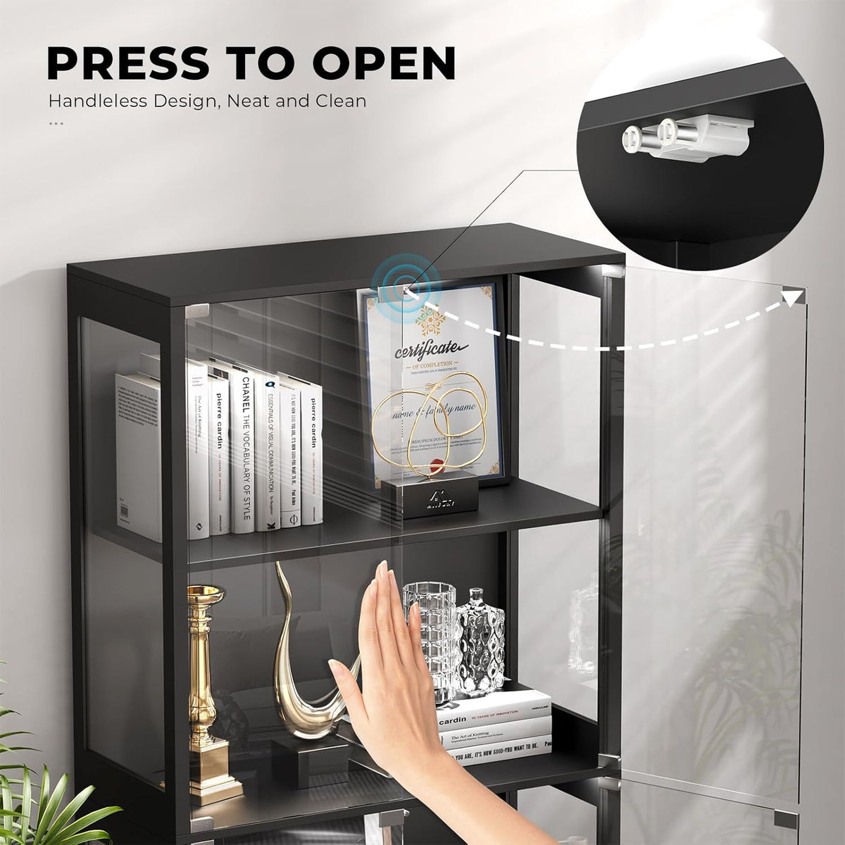 Vetrina con Ante in Vetro – Credenza a 4 Ripiani con Luci LED a 3 Colori