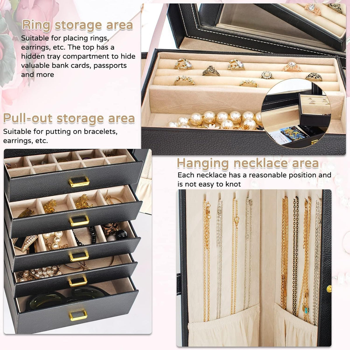 AKOZLIN Huge Jewelry Box Organizer Functional Lockable, Large Leather Jewelry Storage Case for Women Girls Ring Necklace Earring Bracelet Holder Organizer with Mirror