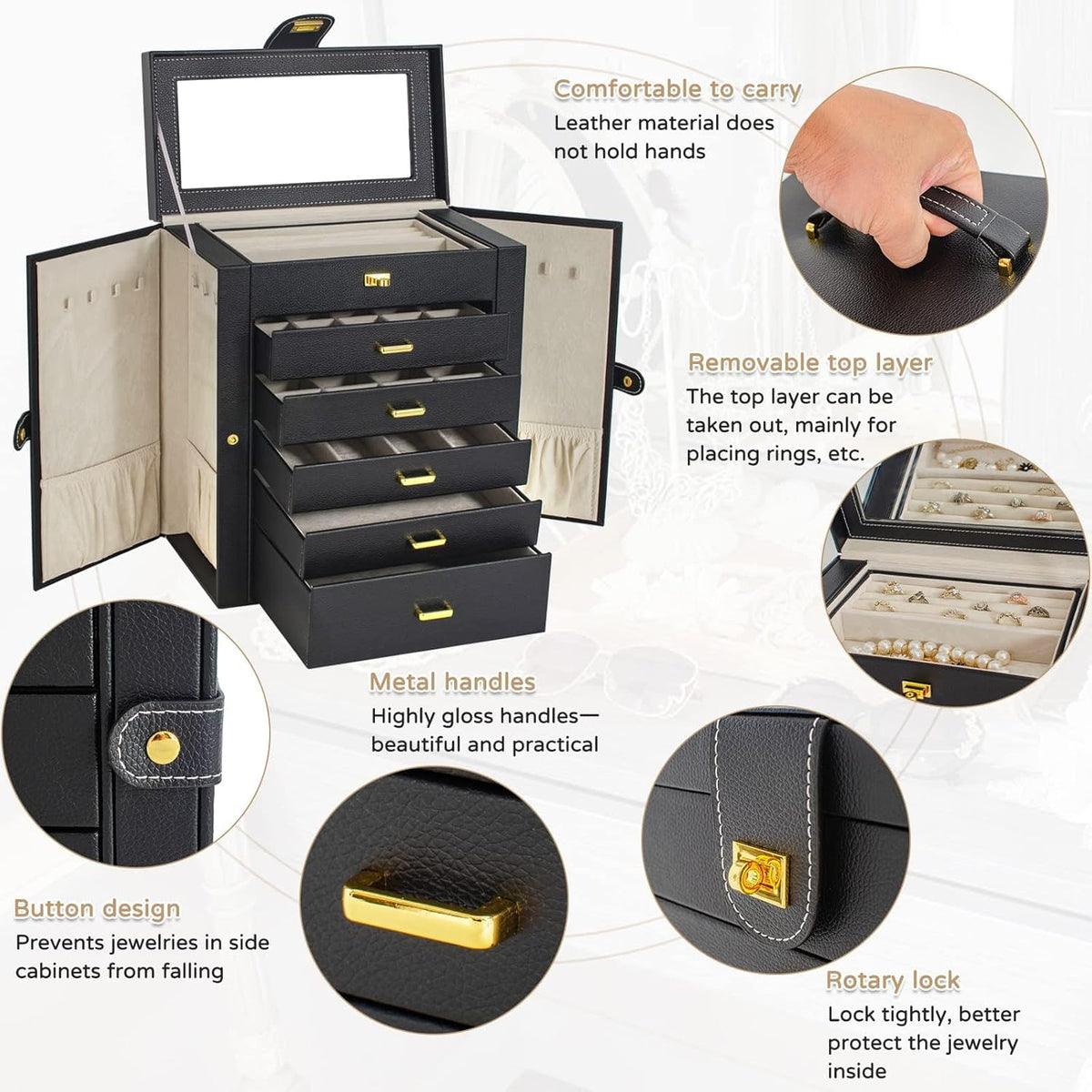 AKOZLIN Huge Jewelry Box Organizer Functional Lockable, Large Leather Jewelry Storage Case for Women Girls Ring Necklace Earring Bracelet Holder Organizer with Mirror