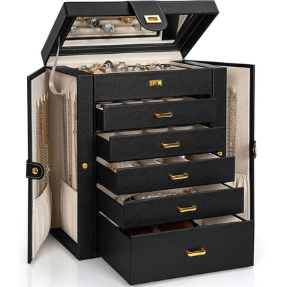 AKOZLIN Huge Jewelry Box Organizer Functional Lockable, Large Leather Jewelry Storage Case for Women Girls Ring Necklace Earring Bracelet Holder Organizer with Mirror