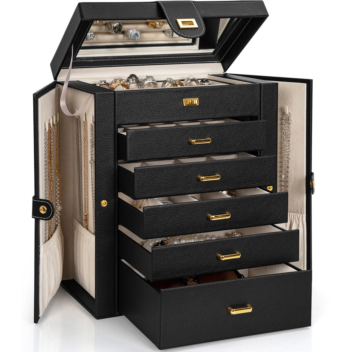 AKOZLIN Huge Jewelry Box Organizer Functional Lockable, Large Leather Jewelry Storage Case for Women Girls Ring Necklace Earring Bracelet Holder Organizer with Mirror