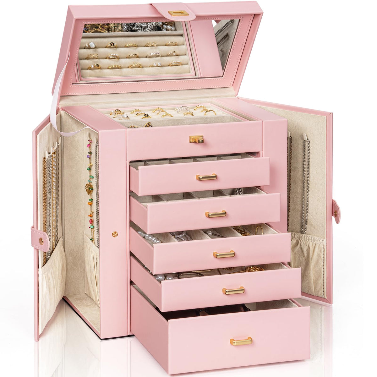 AKOZLIN Huge Jewelry Box Organizer Functional Lockable, Large Leather Jewelry Storage Case for Women Girls Ring Necklace Earring Bracelet Holder Organizer with Mirror