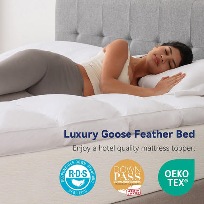 3 Inch White Goose Feather Mattress Topper,Queen Feather Bed Topper,Mattress Cover with Straps,Ultra Soft Pillowtop,100% Cotton Fabric(60”x80”)