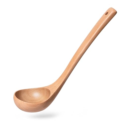 Wooden Soup Ladle for Cooking, 10.8 Inch, 2 oz, Teak Wood - Beech Yellowish / 10.8″-2.0oz