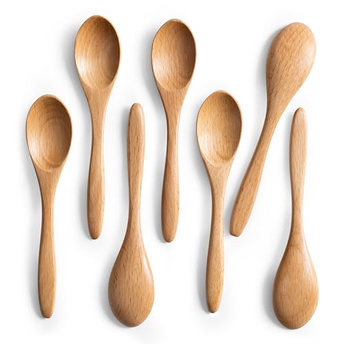Small Wooden Spoons for Eating, 7-Piece Set, 5.8 Inch, Honey Spoons - Beech Yellowish / 7