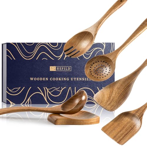 Wooden Spoons for Cooking, 10-Piece Acacia Wood Cooking Utensil Set - 6 Gift Box/Natural Brown / 10.5-13.5" set+ 5.3" spoon rest+ Gift Box