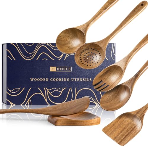 Wooden Spoons for Cooking, 10-Piece Acacia Wood Cooking Utensil Set - 7 Gift Box/Natural Brown / 10.5-13.5" set+ 5.3" spoon rest+ Gift Box