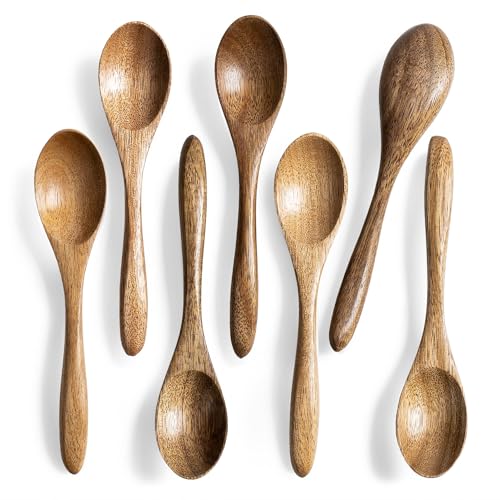 Small Wooden Spoons for Eating, 7-Piece Set, 5.8 Inch, Honey Spoons - Acacia Brown / 7