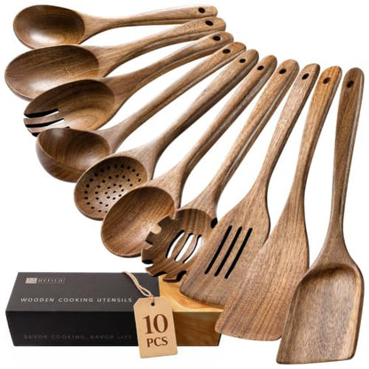 Wooden Spoons for Cooking, 10-Piece Acacia Wood Cooking Utensil Set - 10 Box/Natural Brown / 10.5-13.5" set