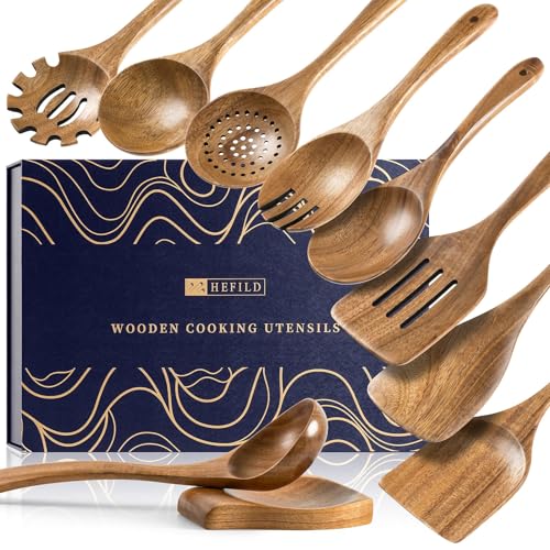 Wooden Spoons for Cooking, 10-Piece Acacia Wood Cooking Utensil Set - 10 Gift Box/Natural Brown / 10.5-13.5" set+ 5.3" spoon rest+ Gift Box
