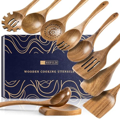 Wooden Spoons for Cooking, 10-Piece Acacia Wood Cooking Utensil Set - 10 Gift Box/Natural Brown / 10.5-13.5" set+ 5.3" spoon rest+ Gift Box