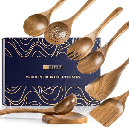 Wooden Spoons for Cooking, 10-Piece Acacia Wood Cooking Utensil Set - 8 Gift Box/Natural Brown / 10.5-13.5" set+ 5.3" spoon rest+ Gift Box