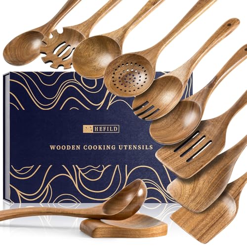 Wooden Spoons for Cooking, 10-Piece Acacia Wood Cooking Utensil Set - 11 Gift Box/Natural Brown / 10.5-13.5" set+ 5.3" spoon rest+ Gift Box