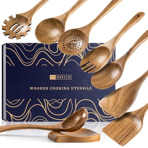 Wooden Spoons for Cooking, 10-Piece Acacia Wood Cooking Utensil Set - 9 Gift Box/Natural Brown / 10.5-13.5" set+ 5.3" spoon rest+ Gift Box