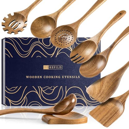 Wooden Spoons for Cooking, 10-Piece Acacia Wood Cooking Utensil Set - 9 Gift Box/Natural Brown / 10.5-13.5" set+ 5.3" spoon rest+ Gift Box