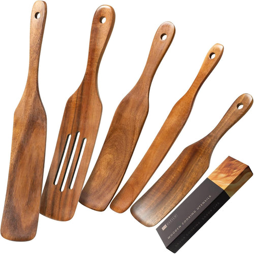 Wooden Spatulas for Cooking, 5-Piece Teak Spurtle Set, Smooth Finish