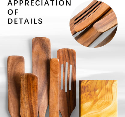Wooden Spatulas for Cooking, 5-Piece Teak Spurtle Set, Smooth Finish