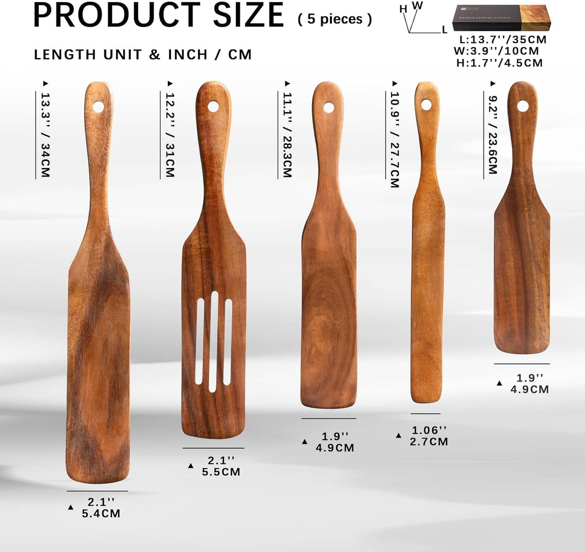 Wooden Spatulas for Cooking, 5-Piece Teak Spurtle Set, Smooth Finish