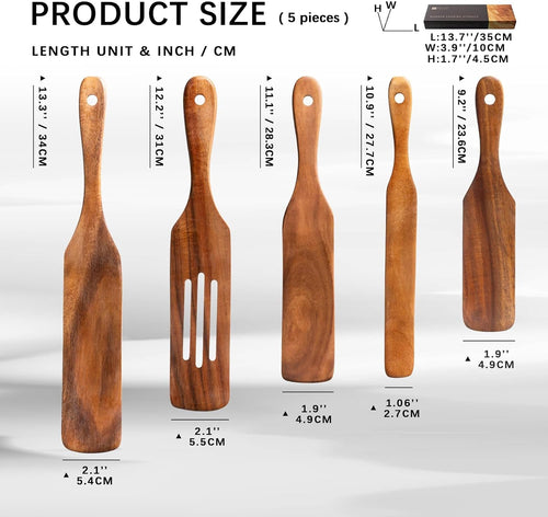 Wooden Spatulas for Cooking, 5-Piece Teak Spurtle Set, Smooth Finish